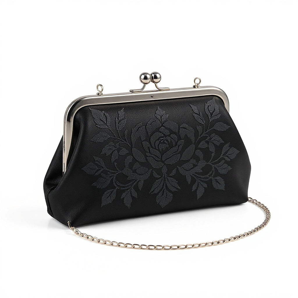 Satin Evening Clutch – 8.5x5.5 Inches, Embroidered Design, Black - View 3