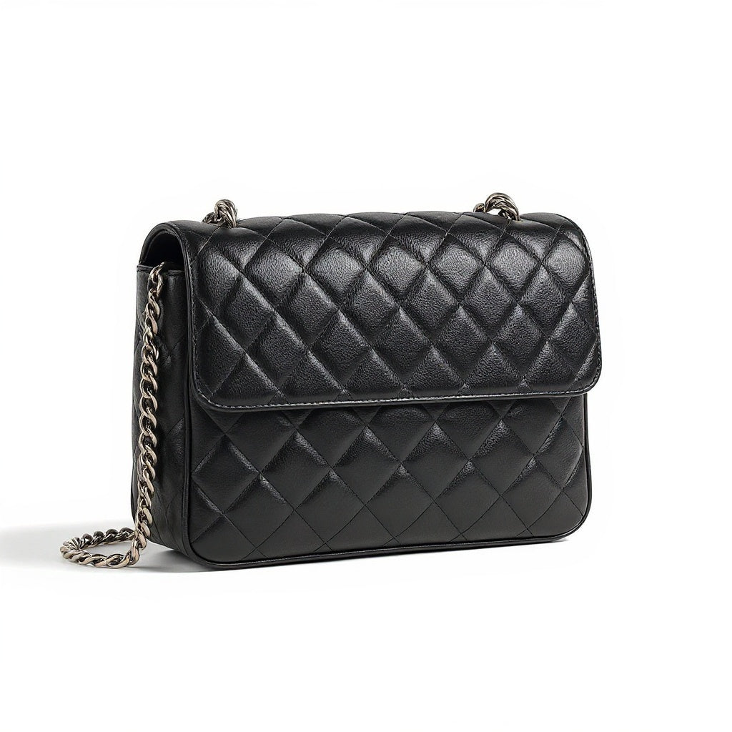 Faux Leather Quilted Shoulder Bag – 10 x 6 x 3 inches, Reinforced Chain Strap, Black - View 3