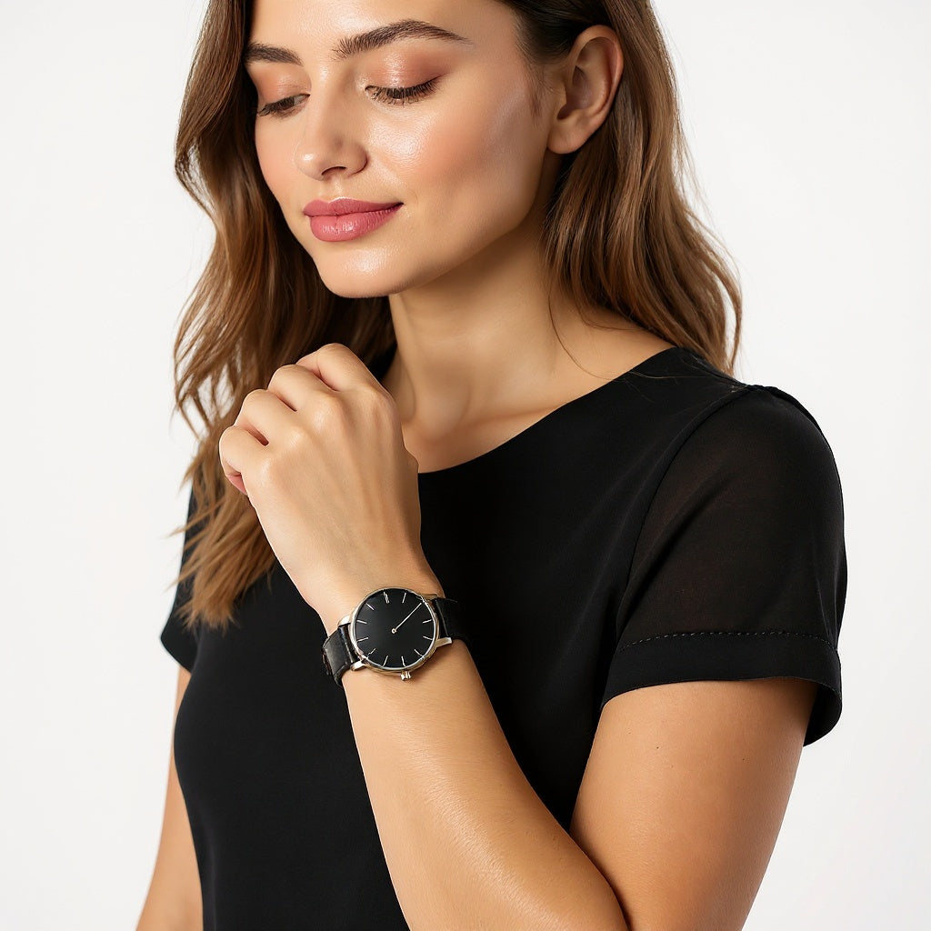 Genuine Leather Women's Watch – Slim Minimalist Design, 38mm, Black - View 3