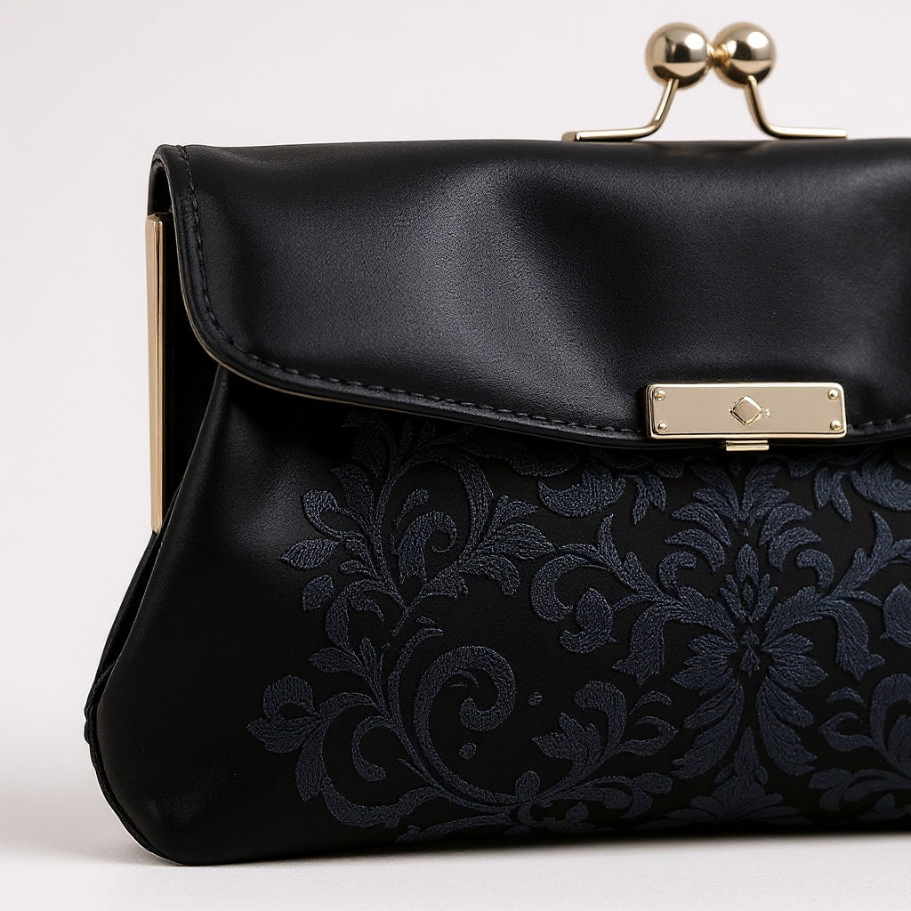 Satin Embroidered Clutch – 9 x 5 Inches, Reinforced Stitching, Black - View 2
