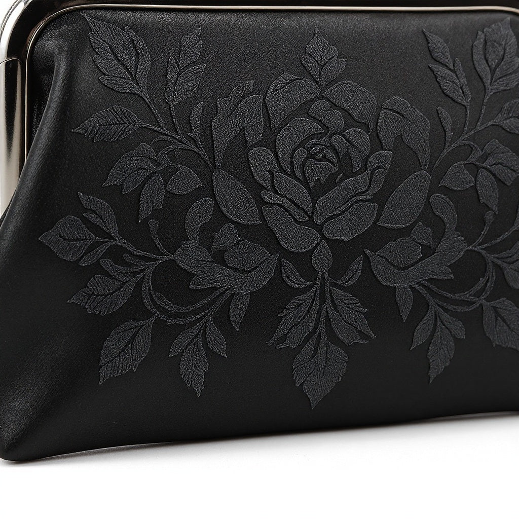 Satin Evening Clutch – 8.5x5.5 Inches, Embroidered Design, Black - View 2