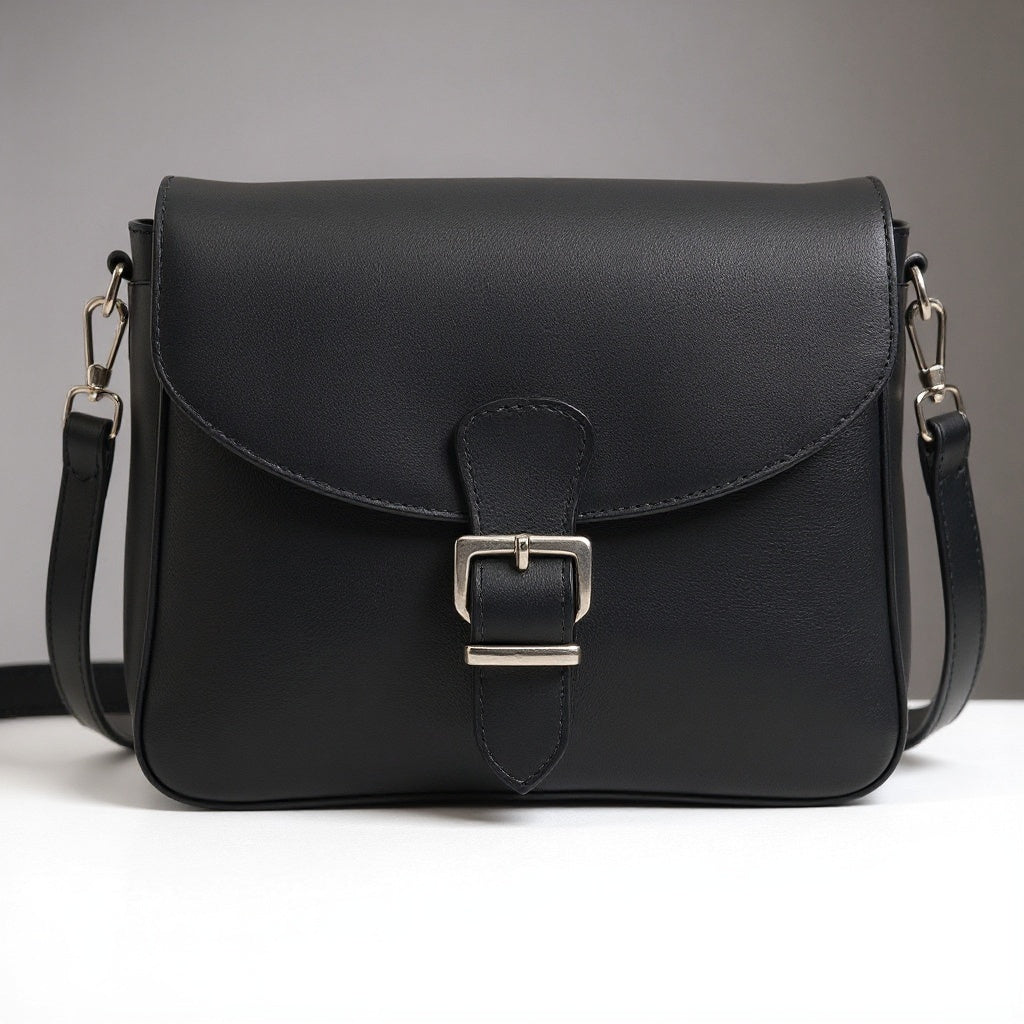 Leather Shoulder Bag – Medium, Retro Style, Black - View 2