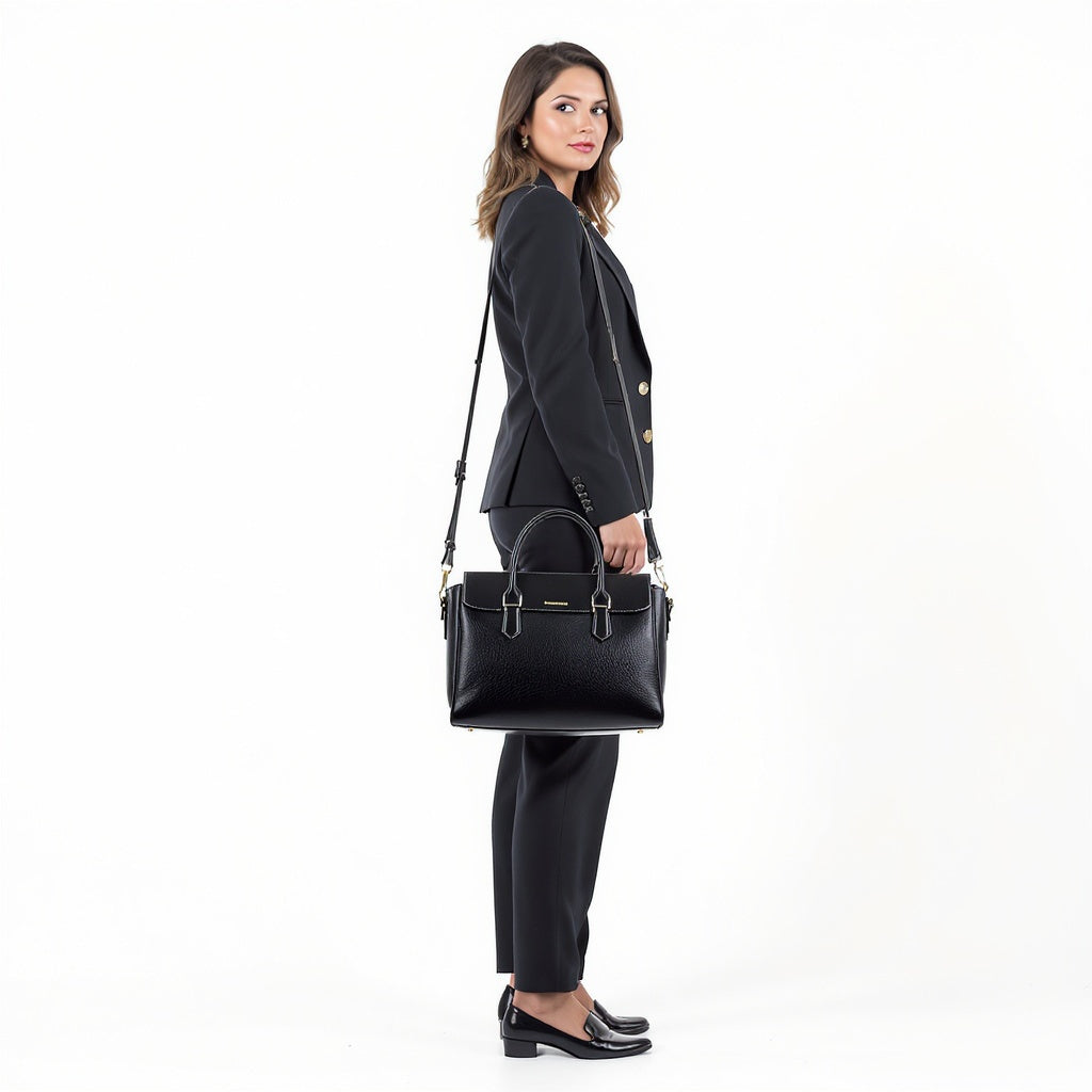 Leather Top Handle Satchel – Medium Capacity, Structured Design, Black - View 1