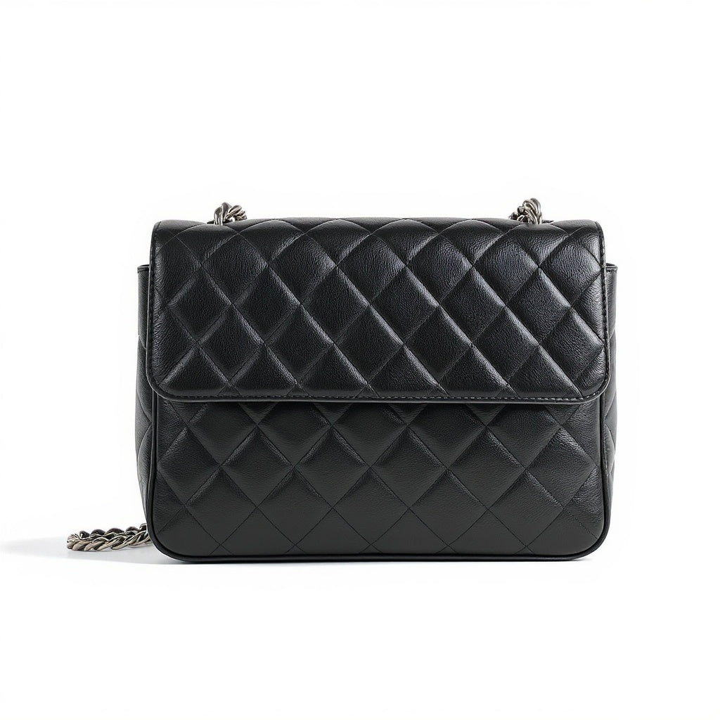 Faux Leather Quilted Shoulder Bag – 10 x 6 x 3 inches, Reinforced Chain Strap, Black - View 1