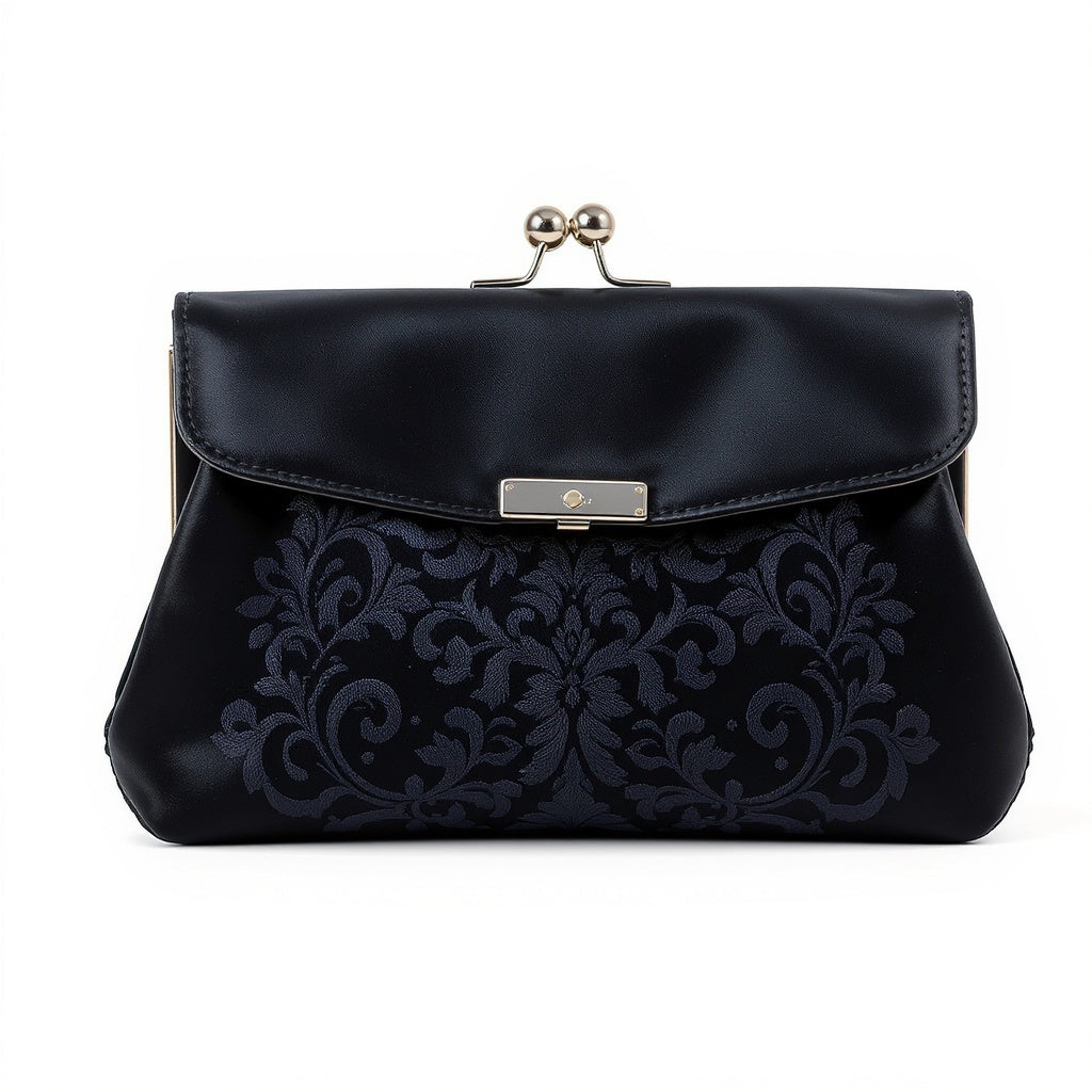Satin Embroidered Clutch – 9 x 5 Inches, Reinforced Stitching, Black - View 1