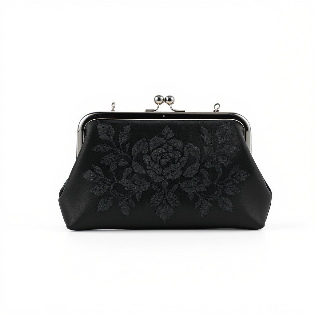 Satin Evening Clutch – 8.5x5.5 Inches, Embroidered Design, Black - View 1
