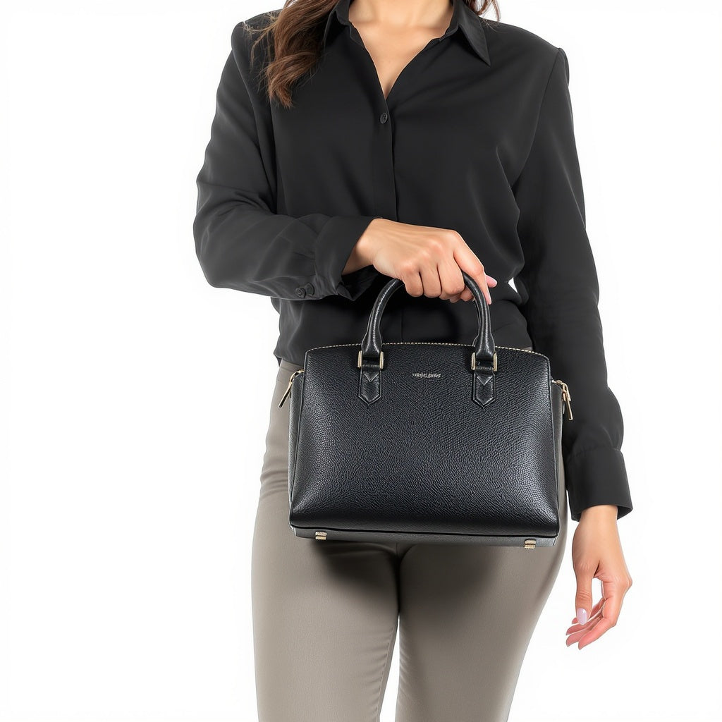 Leather Mini Top Handle Bag – 9 Inches, Compact Design, Black - View 1
