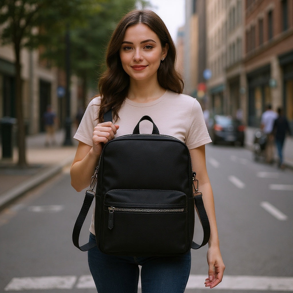 Nylon Convertible Crossbody Backpack – 20L Capacity, Vegan Leather Accents, Black - View 4