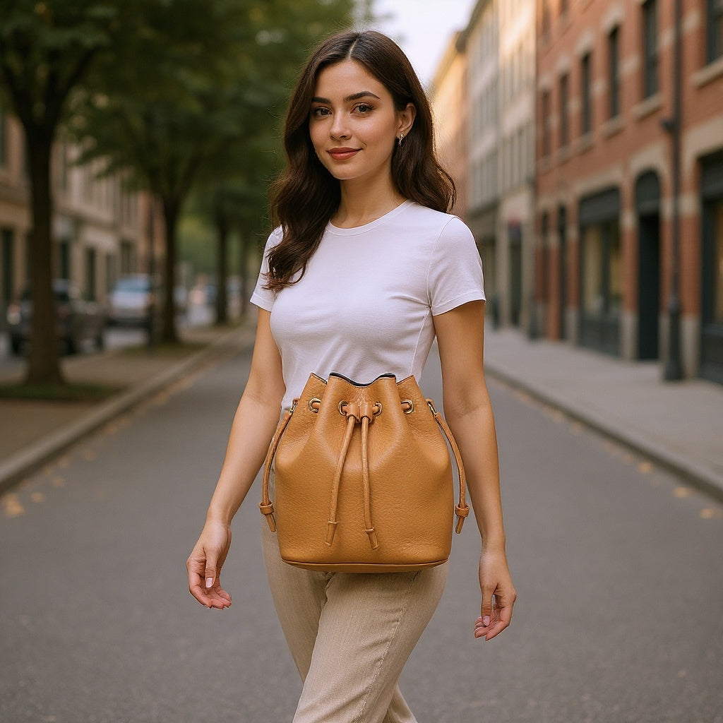 Vegan Leather Mini Bucket Bag – Drawstring Closure, Compact, Minimalist - View 4