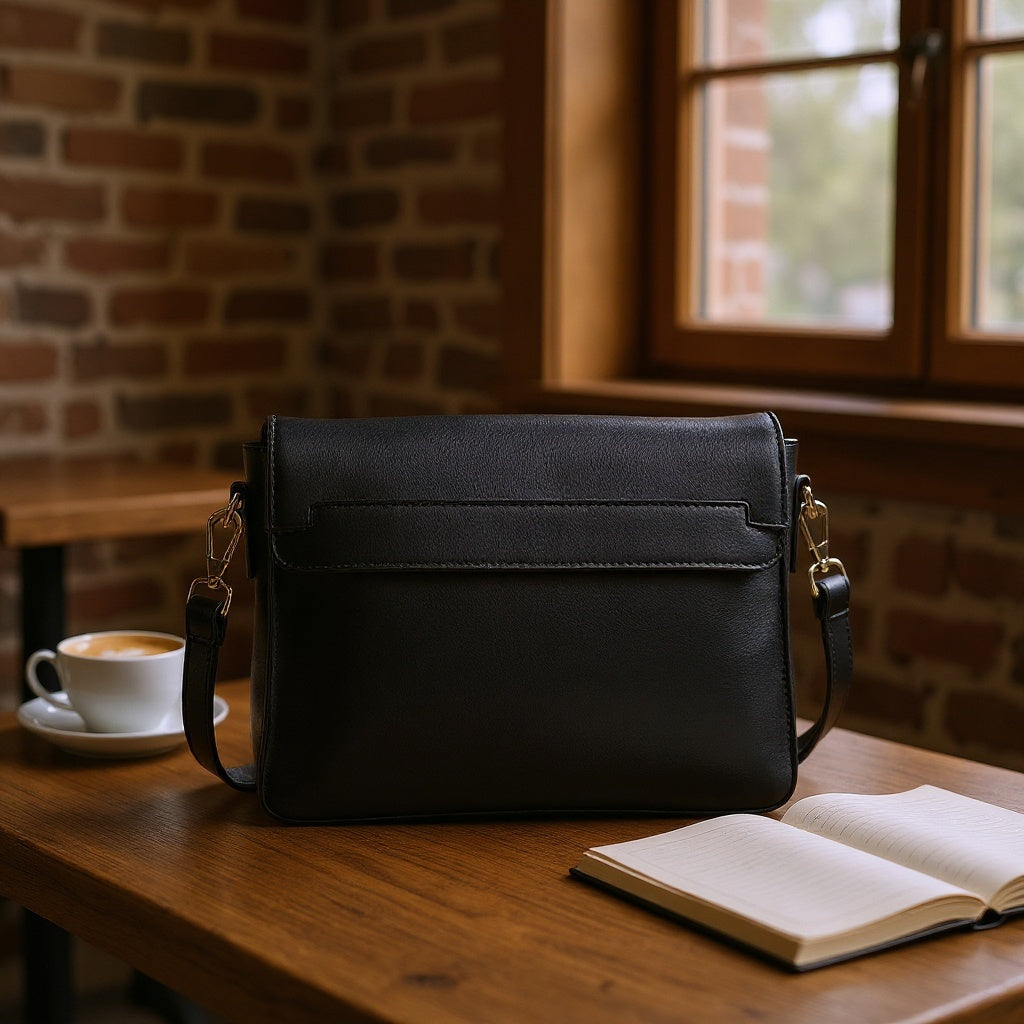 Leather Shoulder Bag – 12" x 8" x 4", Reinforced Stitching, Black - View 5