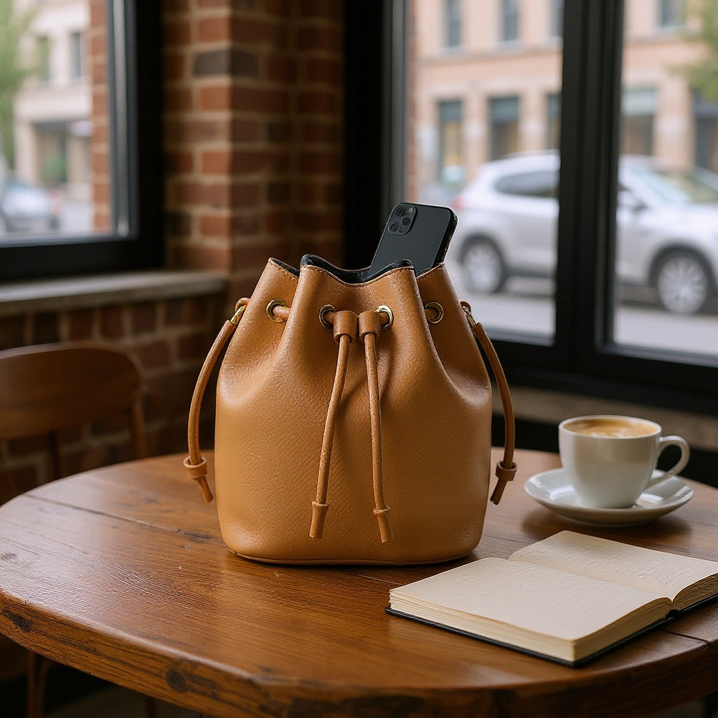 Vegan Leather Mini Bucket Bag – Drawstring Closure, Compact, Minimalist - View 5