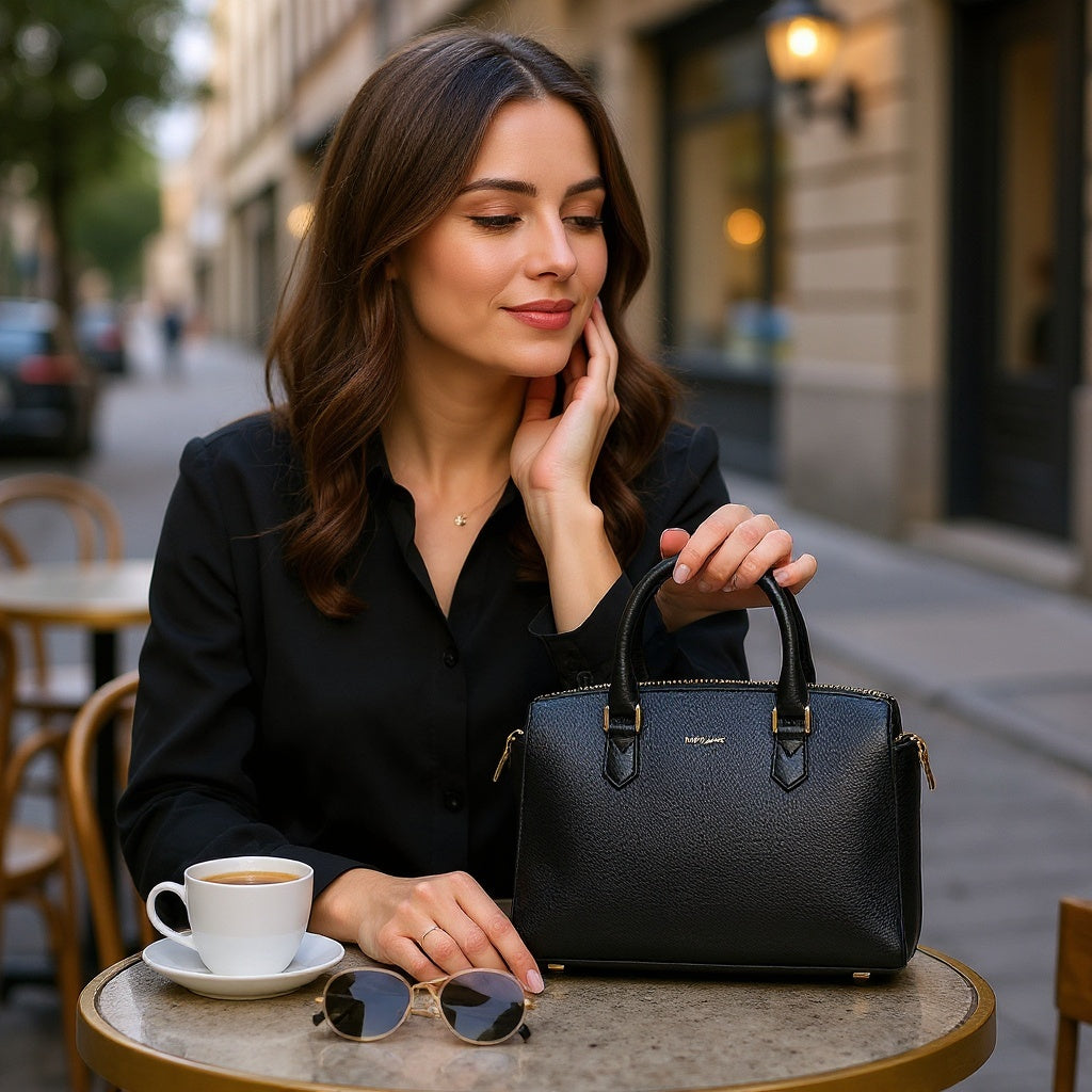 Leather Mini Top Handle Bag – 9 Inches, Compact Design, Black - View 5