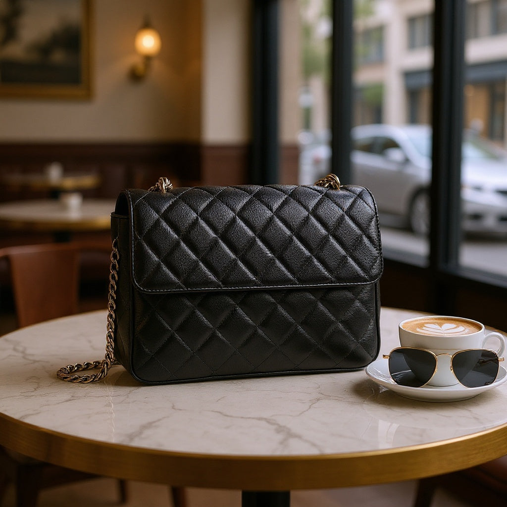 Faux Leather Quilted Shoulder Bag – 10 x 6 x 3 inches, Reinforced Chain Strap, Black - View 5