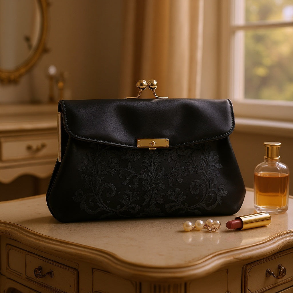 Satin Embroidered Clutch – 9 x 5 Inches, Reinforced Stitching, Black - View 5