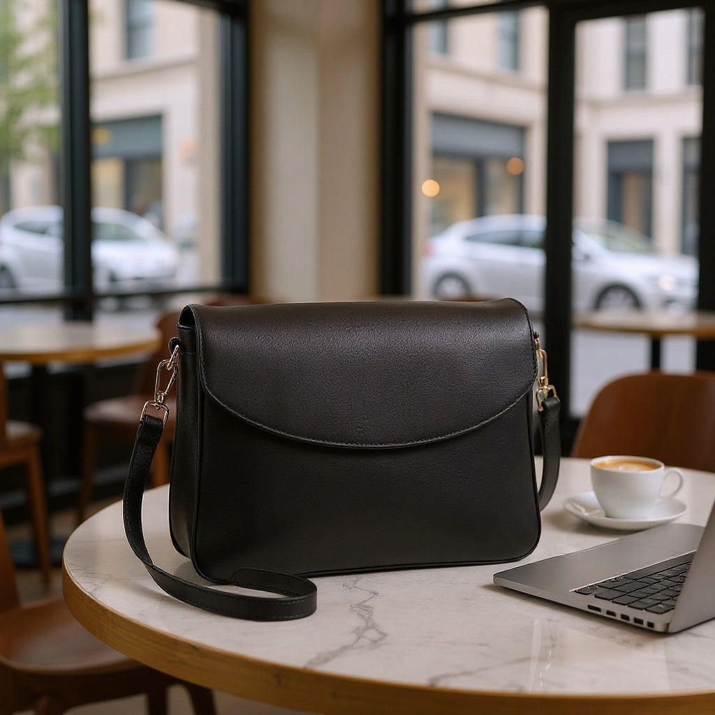 Leather Shoulder Bag – Medium, Retro Style, Black - View 5